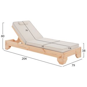 Beach lounger with cushion Korinos HM10793.60T, pine wood - textile, cream-colored cover, 79X204X80HCM.