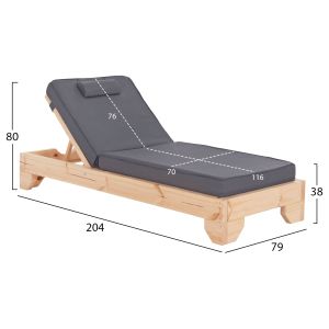 Beach lounger with cushion Korinos HM10796.30T, pine wood - textile, gray cover, 79X204X80ВСМ.