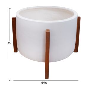 Hoff HM4682.02L fiber cement flowerpot in white color - teak wood base Φ50X35HCM
