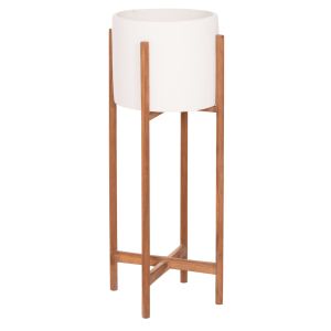 Flower pot Rentil HM4684.02L fiber cement in white color - teak base Φ27X66HCM