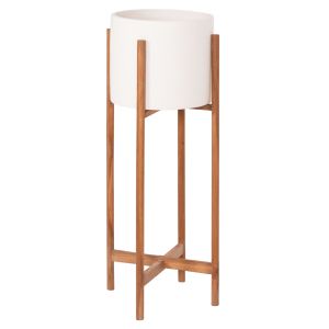Flower pot Rentil HM4684.02L fiber cement in white color - teak base Φ27X66HCM