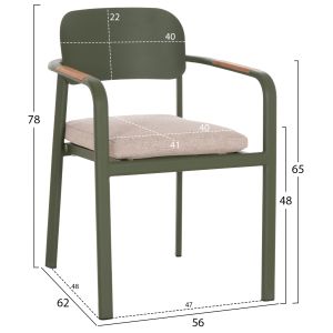 DINING CHAIR ELARA HM6414.06 GREEN ALUMINUM-BEIGE OLEFIN FABRIC - TEAK WOOD 56X62X78CM.