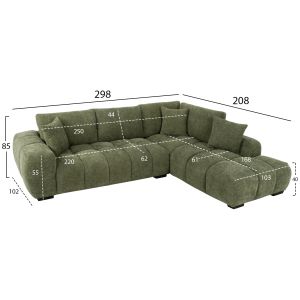 ЪГЛОВ ДИВАН (ДЕСЕН) COVEN HM3266.14R ЗЕЛЕН ПЛАТ 298X102-208X85ВСМ.