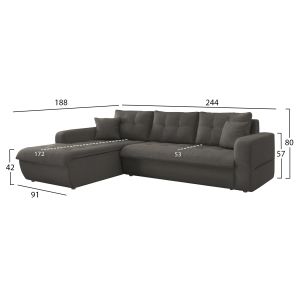 Ъглов разтегателен диван ляв Kanso HM3338.01L сив плат 244X188X80 см.