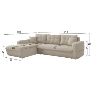 Ъглов разтегателен диван ляв Kanso HM3338.03L бежов плат 244X188X80 см.
