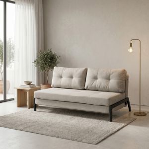 Двуместен диван - легло Fancy плат бежово-черни метални крака 150X98X70СМ