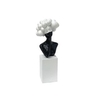 Decorative polyresin statuette white/black girl with white pompoms for hair - 7X5X21CM 36/KIB