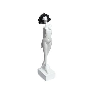 Decorative polyresin statuette white/black girl standing with black hair in pompoms - 8X6X31CM 24/KIB
