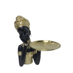 Decorative polyresin statuette gold/black African woman with disc/plate in hand - 18X19X23.5CM 18/KIB