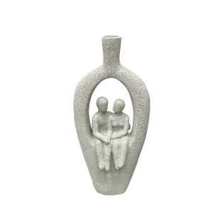 Decorative polyresin cream statuette - seated couple - stone texture - 16X9X35.5CM 12/KIB