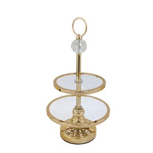 Metal tray gold/white with 2 trays, round straight with crystal and glass - Φ23X43CM 12/BOX