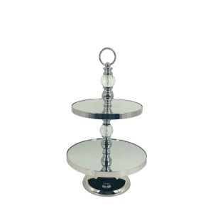 Metal silver/white round tray on 2 levels with crystals and mirror - Φ30X50CM 6/BOX