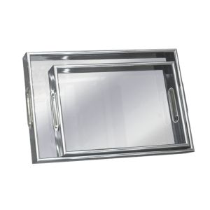 Plastic trays with mirror set of 2 silver rectangular with handles - L:40.5X27.5, S:32X22CM 12/KIB