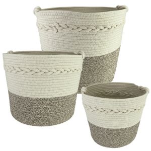Woven basket made of thread/rope set of 3 pieces cream/gray round with knotted handle - L:Φ36X33, M:Φ34X28, S:Φ28X25CM 4/BOX