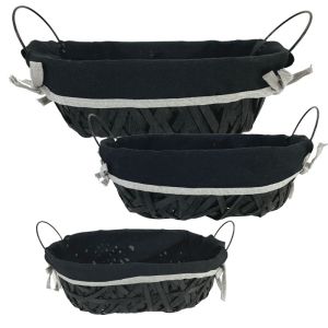 Wicker basket with fabric cover set of 3 pieces black/gray oval - L:39X29X12, M:34X24X11, S:30X20X10CM 6/KIB