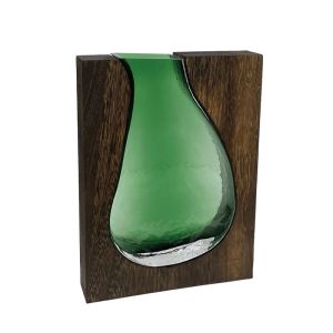 Стъклена ваза зелено/кафява в дървена правоъгълна рамка/база - 22X5X29CM 12/KIB