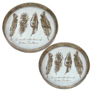 Trays made of Mdf and glass, set of 2 pieces, gold, with 4 wings, round, with handles - L:Φ35.5X4.5, S:Φ31.5X4.5CM 12/KIB