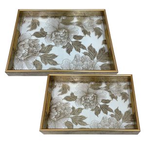 Trays made of Mdf and glass set of 2 pieces gold floral rectangular with handles - L:40X30, S:35X25CM 12/KIB