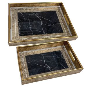 Trays made of Mdf and glass, set of 2, gold/black marble with meander, rectangular with handles - L:40X30, S:35X25CM 12/KIB