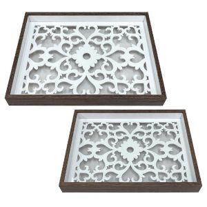 Trays made of Mdf and glass set of 2 pieces brown/white with wood carving Moroccan style rectangular - L:40X30, S:34X24CM 12/KIB