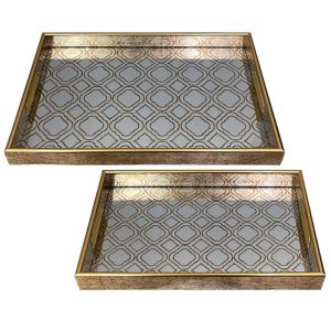 Mdf trays with mirror, set of 2, gold with Moroccan motif, rectangular with handles - L:45X30, S:40X25CM 8/KIB