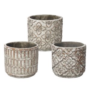 Cement flower pot (3 assorted designs) beige embossed motif - Φ14X12.3CM 3/12BOX