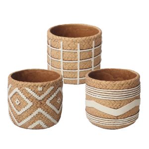 Cement flower pot (3 assorted designs) beige patterns with geometric elements - Φ13.5X12.8CM 3/12BOX