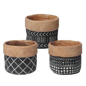 Cement flower pot (3 assorted designs) black embossed geometric elements - Φ14X12.3CM 3/12BOX