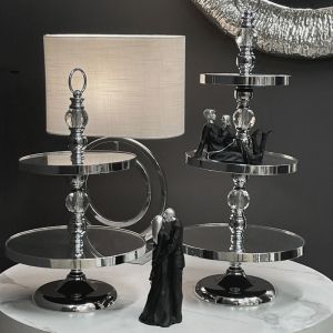 Metal silver/white round tray on 2 levels with crystals and mirror - Φ30X50CM 6/BOX