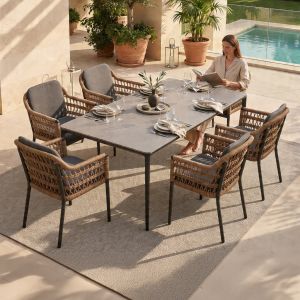 Garden table and chairs 7 pcs. Stad HM10863.01 gray aluminum-sintered stone top-olefin fabric