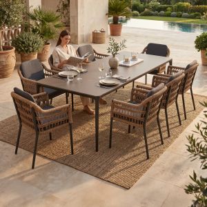 Garden table and chairs 9 pcs. Stad HM10865.01 gray aluminum-sintered stone top-olefin fabric