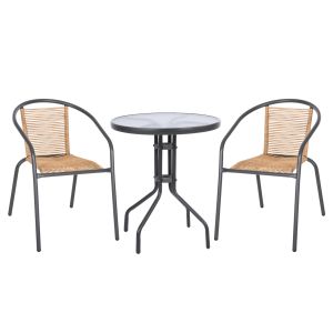 Garden table and chairs set of 3 Lima HM10879.02 metal in gray &amp; Pe rattan in natural color