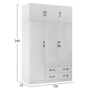 Трикрилен гардероб с надстройка Carly HM10891.05 меламин в бяло 150X55X240HСМ.