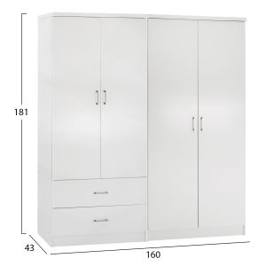 Четирикрилен гардероб с 2 чекмеджета Jenna HM11351.05 меламин в бяло 160X43X181HСМ.