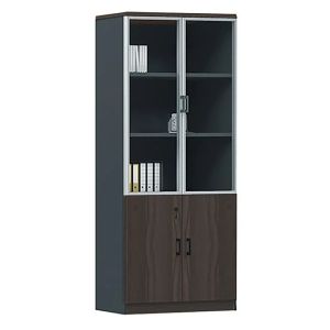 Advance офис библиотека с 3 рафта стъклени врати шкафче тъмен орех - Sky Grey 825