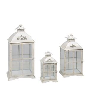 S/3 wooden lanterns - metallic white - natural 30.5X26X63.5CM / 23.5X19X49CM / 17.5X14X34CM