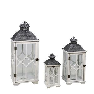 S/3 wooden lanterns - metallic white - gray 31X31X77CM / 24X24X58.5CM / 17X17X39.5CM