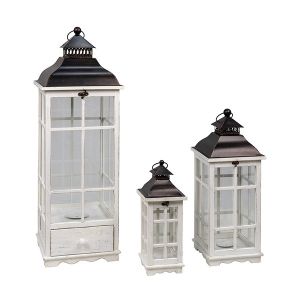 S/3 wooden lanterns - metallic white - black 31X31X90CM / 23X23X58CM / 15.5X15.5X40.5CM