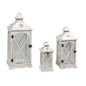 S/3 wooden lanterns - metallic white 28X28X70CM / 21.5X21.5X52.5CM / 15X15X35.5CM