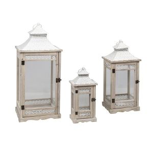 S/3 wooden lanterns - metal, natural - white 33X28X77.5CM / 26X21X60CM / 19X14X43CM