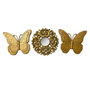 S/3 wall decorative butterflies and mirror polyresin gold 25X2X25CM