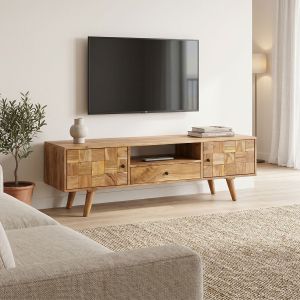 ТВ шкаф Firpo масивна акациева дървесина в естествен цвят 130x35x45см