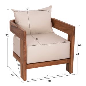 Kioto HM6380 armchair, teak wood in natural color, 70X74X72HCM.