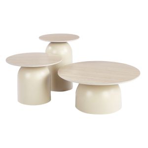 ROVER Set of 3 coffee tables, beige painted metal, sintered travertine stone