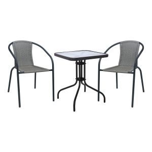 Garden set BALENO-W table + 2 armchairs, black painted metal, knitted fabric, mix of gray