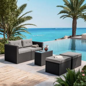 Garden set JAKARTA K/D, Multi-shaped 5 m, Metal-Woven Black, Grey Cushions