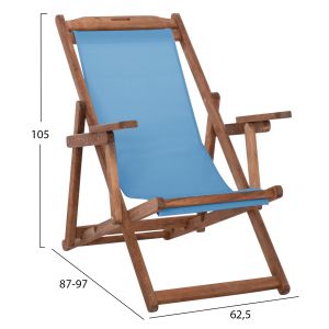 Beach chair with armrests and sky blue textile Limnos HM11708.08T beech in walnut 62.5X97X105ВСМ.