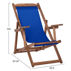 Beach chair with armrests and blue textile Limnos HM11708.01T beech in walnut 62.5X97X105ВСМ.