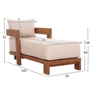 Chaise longue with cushions Kioto HM6385 teak wood in natural color 165X70X64HCM.