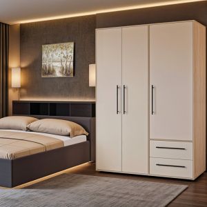 Wardrobe Razol with 4 doors made of melamine, white/sonoma color 144.5x59x200cm